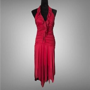 Speechless Red ruffle shimmery halter midi asymmetrical dress